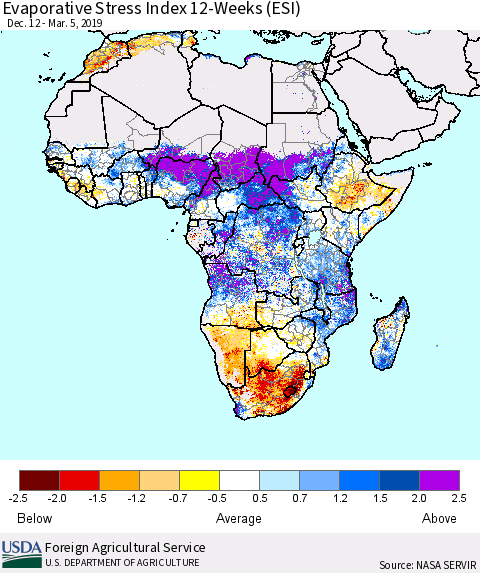 Africa Evaporative Stress Index (ESI), 12-Weeks Thematic Map For 3/4/2019 - 3/10/2019