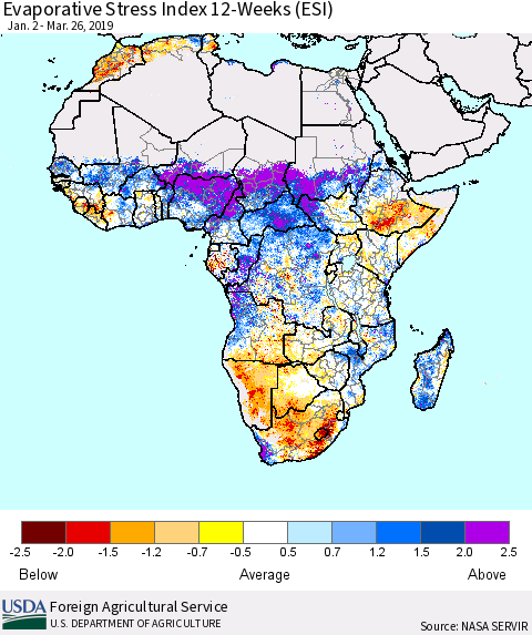 Africa Evaporative Stress Index (ESI), 12-Weeks Thematic Map For 3/25/2019 - 3/31/2019