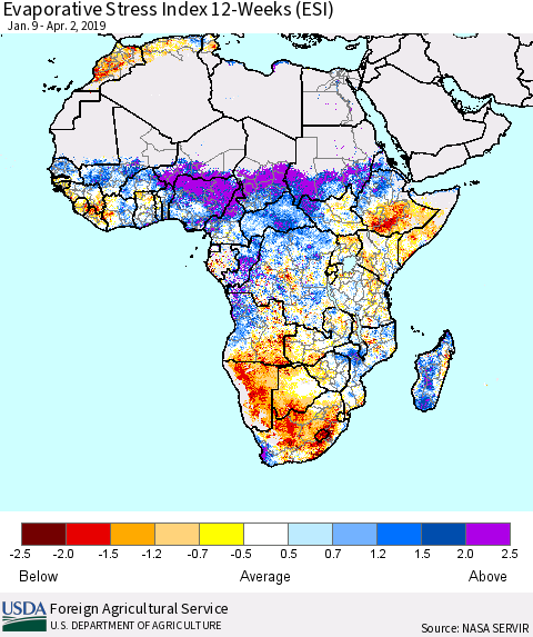 Africa Evaporative Stress Index (ESI), 12-Weeks Thematic Map For 4/1/2019 - 4/7/2019