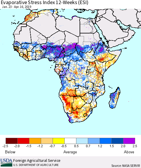 Africa Evaporative Stress Index (ESI), 12-Weeks Thematic Map For 4/15/2019 - 4/21/2019