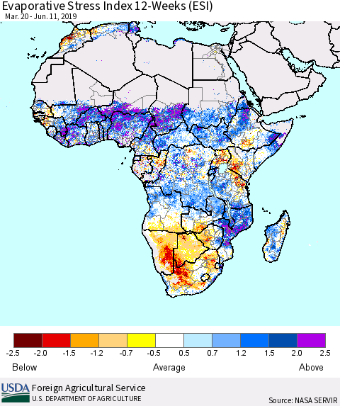 Africa Evaporative Stress Index (ESI), 12-Weeks Thematic Map For 6/10/2019 - 6/16/2019