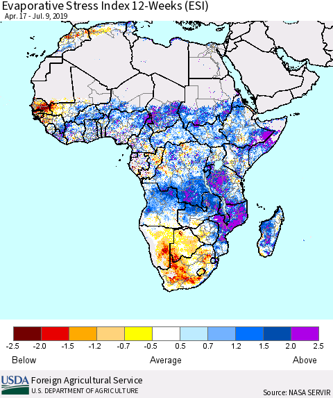 Africa Evaporative Stress Index (ESI), 12-Weeks Thematic Map For 7/8/2019 - 7/14/2019
