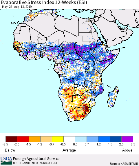 Africa Evaporative Stress Index (ESI), 12-Weeks Thematic Map For 8/12/2019 - 8/18/2019