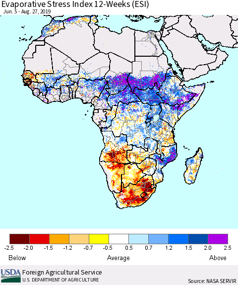 Africa Evaporative Stress Index (ESI), 12-Weeks Thematic Map For 8/26/2019 - 9/1/2019