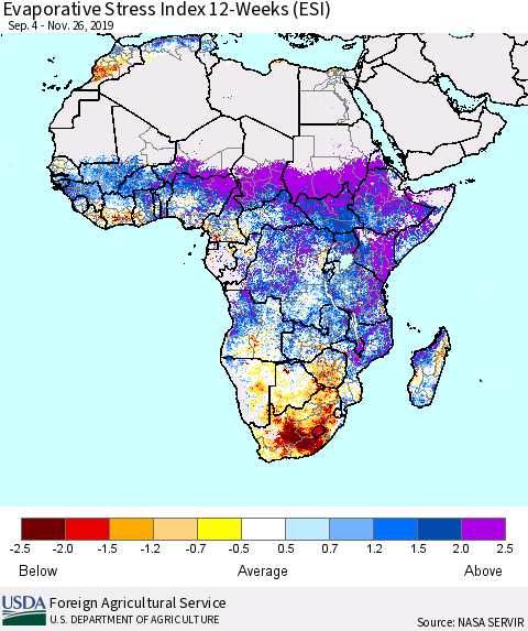 Africa Evaporative Stress Index (ESI), 12-Weeks Thematic Map For 11/25/2019 - 12/1/2019