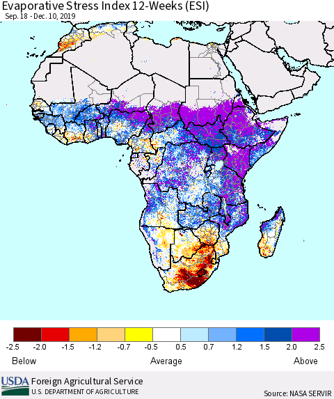 Africa Evaporative Stress Index (ESI), 12-Weeks Thematic Map For 12/9/2019 - 12/15/2019