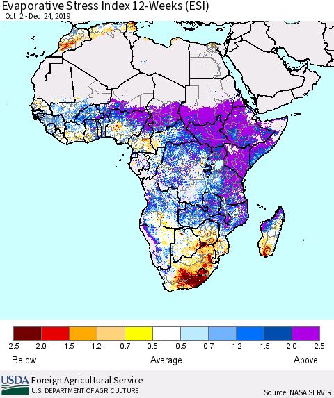 Africa Evaporative Stress Index (ESI), 12-Weeks Thematic Map For 12/23/2019 - 12/29/2019