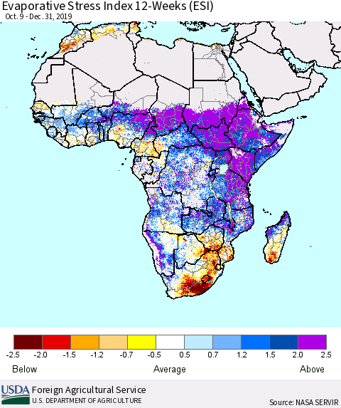 Africa Evaporative Stress Index (ESI), 12-Weeks Thematic Map For 12/30/2019 - 1/5/2020