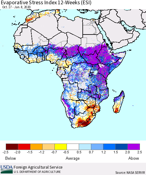 Africa Evaporative Stress Index (ESI), 12-Weeks Thematic Map For 1/6/2020 - 1/12/2020