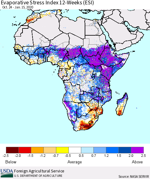 Africa Evaporative Stress Index (ESI), 12-Weeks Thematic Map For 1/13/2020 - 1/19/2020