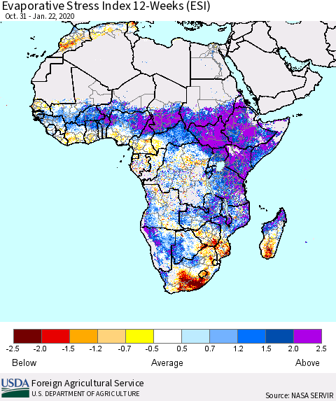 Africa Evaporative Stress Index (ESI), 12-Weeks Thematic Map For 1/20/2020 - 1/26/2020