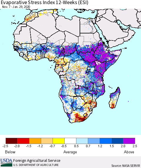 Africa Evaporative Stress Index (ESI), 12-Weeks Thematic Map For 1/27/2020 - 2/2/2020