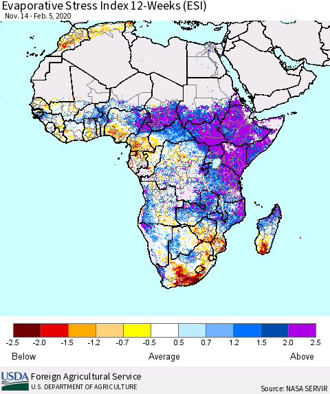 Africa Evaporative Stress Index (ESI), 12-Weeks Thematic Map For 2/3/2020 - 2/9/2020