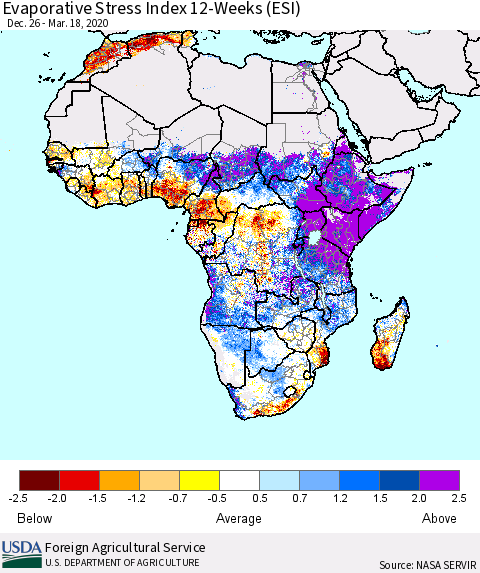 Africa Evaporative Stress Index (ESI), 12-Weeks Thematic Map For 3/16/2020 - 3/22/2020