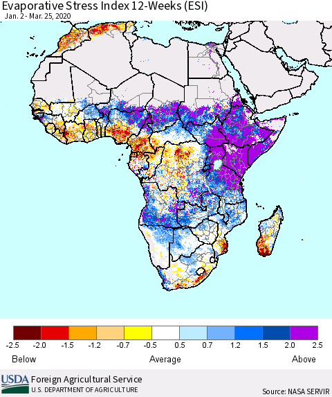 Africa Evaporative Stress Index (ESI), 12-Weeks Thematic Map For 3/23/2020 - 3/29/2020