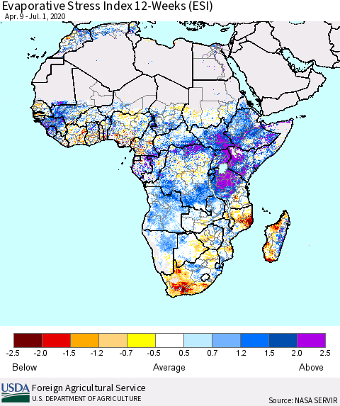 Africa Evaporative Stress Index (ESI), 12-Weeks Thematic Map For 6/29/2020 - 7/5/2020