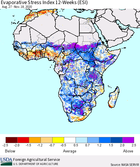 Africa Evaporative Stress Index (ESI), 12-Weeks Thematic Map For 11/16/2020 - 11/22/2020