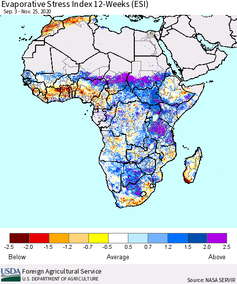 Africa Evaporative Stress Index (ESI), 12-Weeks Thematic Map For 11/23/2020 - 11/29/2020