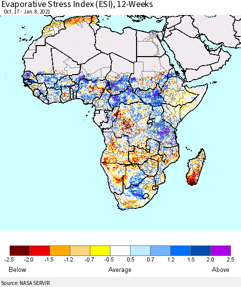Africa Evaporative Stress Index (ESI), 12-Weeks Thematic Map For 1/4/2021 - 1/10/2021