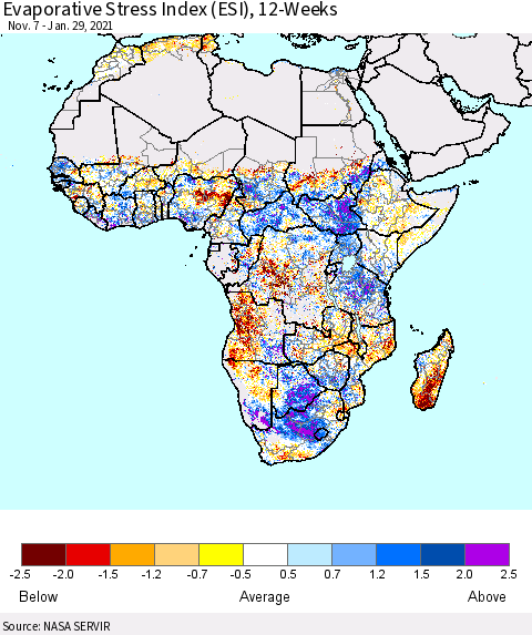 Africa Evaporative Stress Index (ESI), 12-Weeks Thematic Map For 1/25/2021 - 1/31/2021