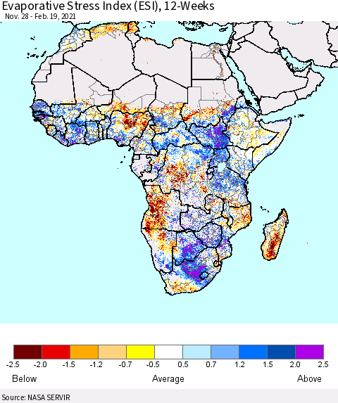 Africa Evaporative Stress Index (ESI), 12-Weeks Thematic Map For 2/15/2021 - 2/21/2021