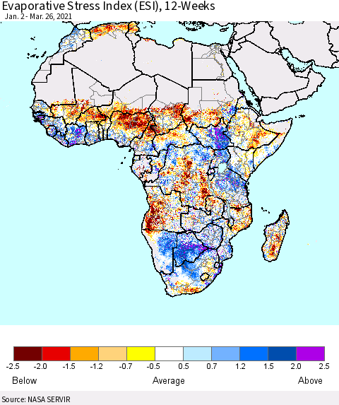 Africa Evaporative Stress Index (ESI), 12-Weeks Thematic Map For 3/22/2021 - 3/28/2021