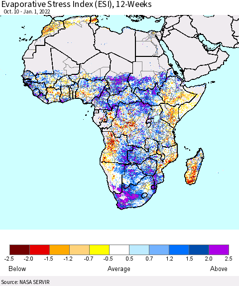 Africa Evaporative Stress Index (ESI), 12-Weeks Thematic Map For 12/27/2021 - 1/2/2022