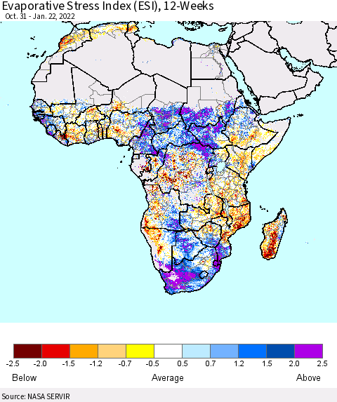 Africa Evaporative Stress Index (ESI), 12-Weeks Thematic Map For 1/17/2022 - 1/23/2022
