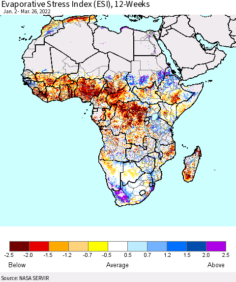 Africa Evaporative Stress Index (ESI), 12-Weeks Thematic Map For 3/21/2022 - 3/27/2022