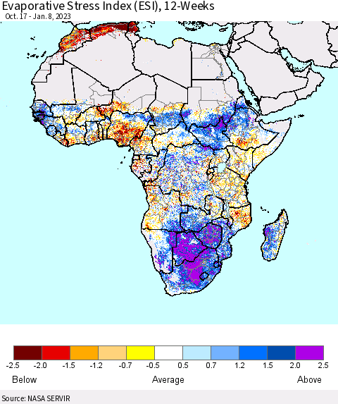 Africa Evaporative Stress Index (ESI), 12-Weeks Thematic Map For 1/2/2023 - 1/8/2023