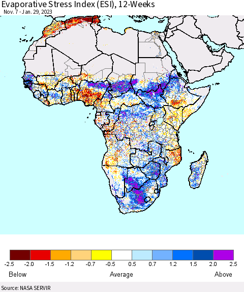 Africa Evaporative Stress Index (ESI), 12-Weeks Thematic Map For 1/23/2023 - 1/29/2023