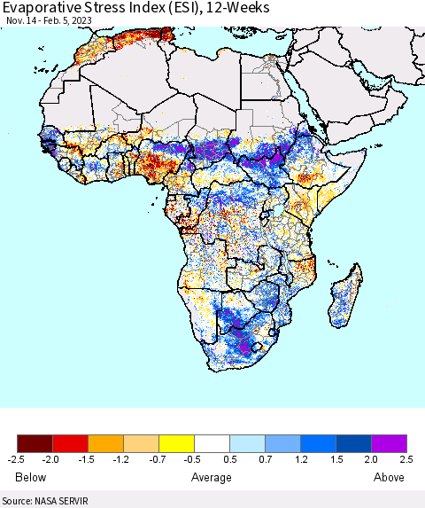 Africa Evaporative Stress Index (ESI), 12-Weeks Thematic Map For 1/30/2023 - 2/5/2023