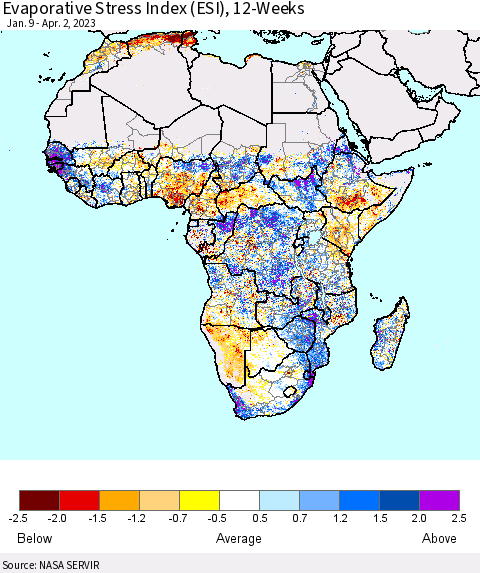 Africa Evaporative Stress Index (ESI), 12-Weeks Thematic Map For 3/27/2023 - 4/2/2023