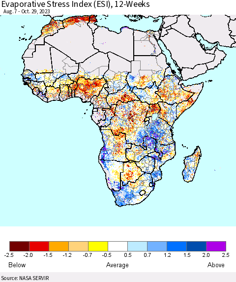 Africa Evaporative Stress Index (ESI), 12-Weeks Thematic Map For 10/23/2023 - 10/29/2023