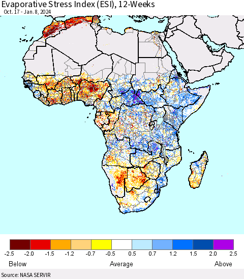 Africa Evaporative Stress Index (ESI), 12-Weeks Thematic Map For 1/8/2024 - 1/14/2024