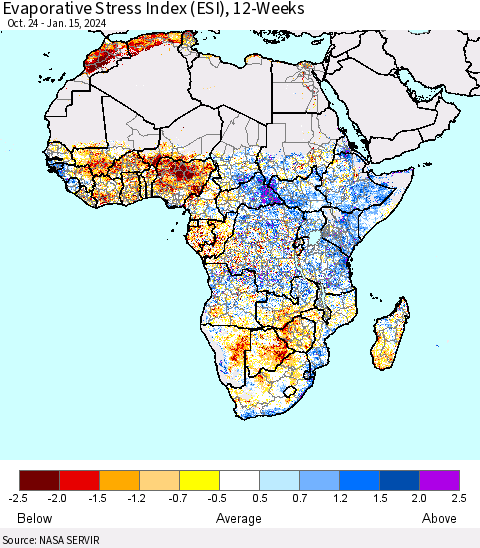 Africa Evaporative Stress Index (ESI), 12-Weeks Thematic Map For 1/15/2024 - 1/21/2024