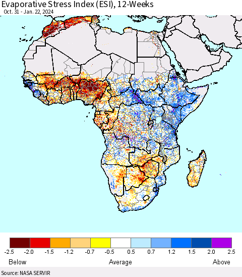 Africa Evaporative Stress Index (ESI), 12-Weeks Thematic Map For 1/22/2024 - 1/28/2024