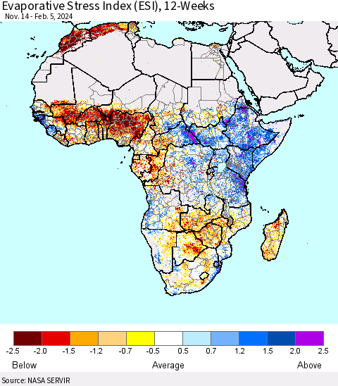 Africa Evaporative Stress Index (ESI), 12-Weeks Thematic Map For 2/5/2024 - 2/11/2024