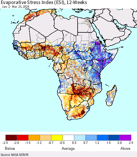Africa Evaporative Stress Index (ESI), 12-Weeks Thematic Map For 3/25/2024 - 3/31/2024