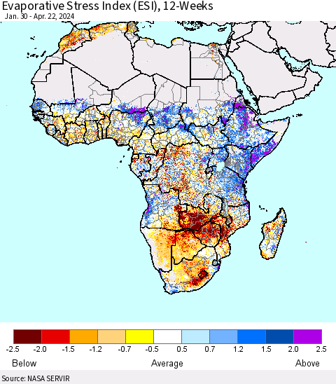 Africa Evaporative Stress Index (ESI), 12-Weeks Thematic Map For 4/22/2024 - 4/28/2024