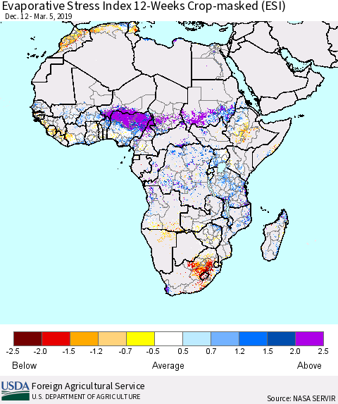 Africa Evaporative Stress Index (ESI), 12-Weeks over Croplands Thematic Map For 3/4/2019 - 3/10/2019