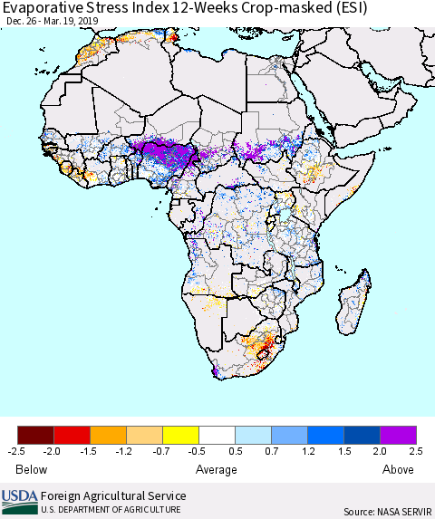 Africa Evaporative Stress Index (ESI), 12-Weeks over Croplands Thematic Map For 3/18/2019 - 3/24/2019