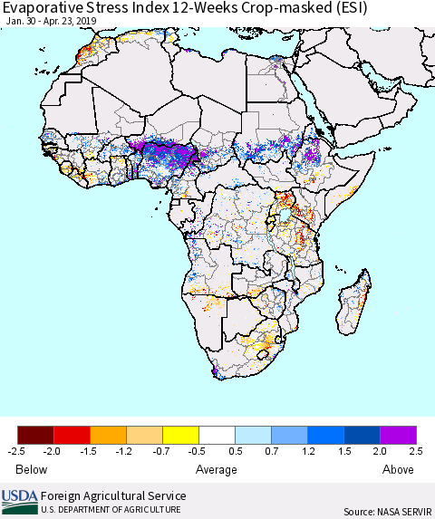 Africa Evaporative Stress Index (ESI), 12-Weeks over Croplands Thematic Map For 4/22/2019 - 4/28/2019