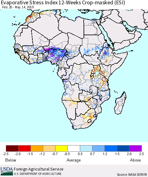 Africa Evaporative Stress Index (ESI), 12-Weeks over Croplands Thematic Map For 5/13/2019 - 5/19/2019