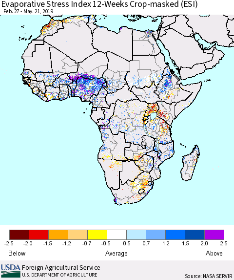 Africa Evaporative Stress Index (ESI), 12-Weeks over Croplands Thematic Map For 5/20/2019 - 5/26/2019