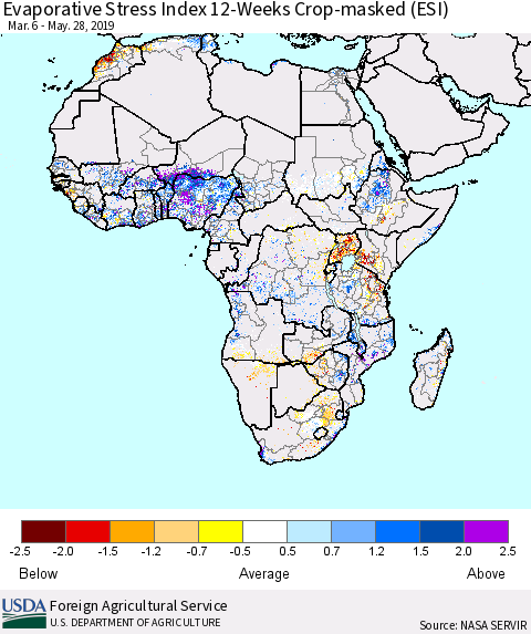 Africa Evaporative Stress Index (ESI), 12-Weeks over Croplands Thematic Map For 5/27/2019 - 6/2/2019