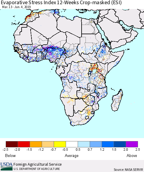 Africa Evaporative Stress Index (ESI), 12-Weeks over Croplands Thematic Map For 6/3/2019 - 6/9/2019