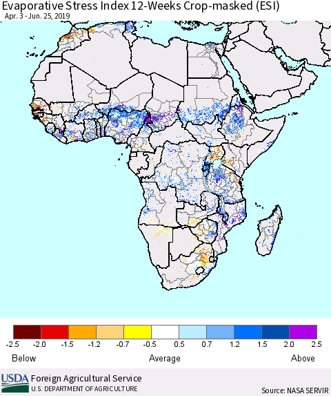 Africa Evaporative Stress Index (ESI), 12-Weeks over Croplands Thematic Map For 6/24/2019 - 6/30/2019