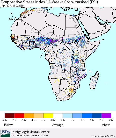 Africa Evaporative Stress Index (ESI), 12-Weeks over Croplands Thematic Map For 7/1/2019 - 7/7/2019