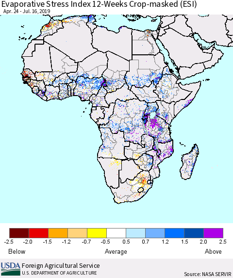Africa Evaporative Stress Index (ESI), 12-Weeks over Croplands Thematic Map For 7/15/2019 - 7/21/2019